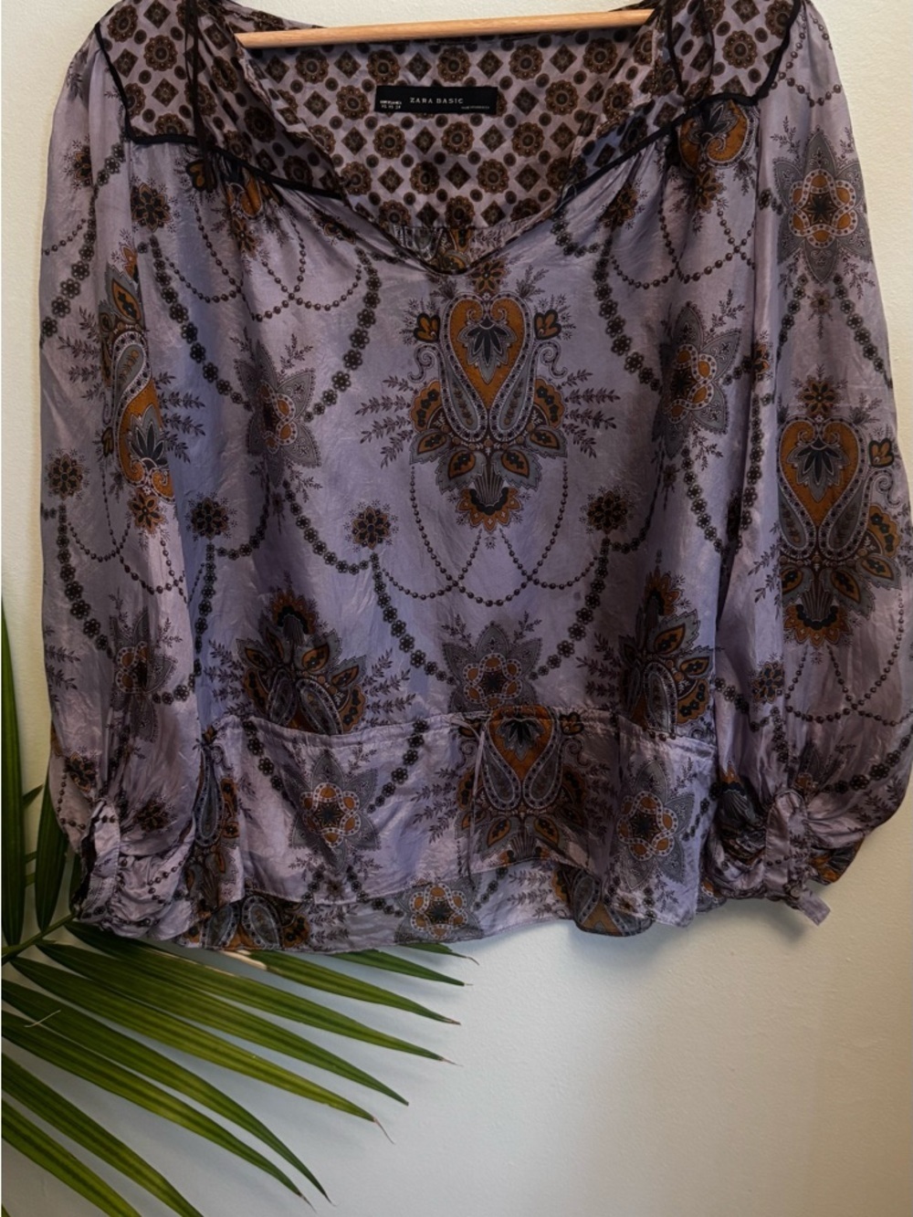Zara Lavender and Brown Paisley-Print Long Sleeve Blouse